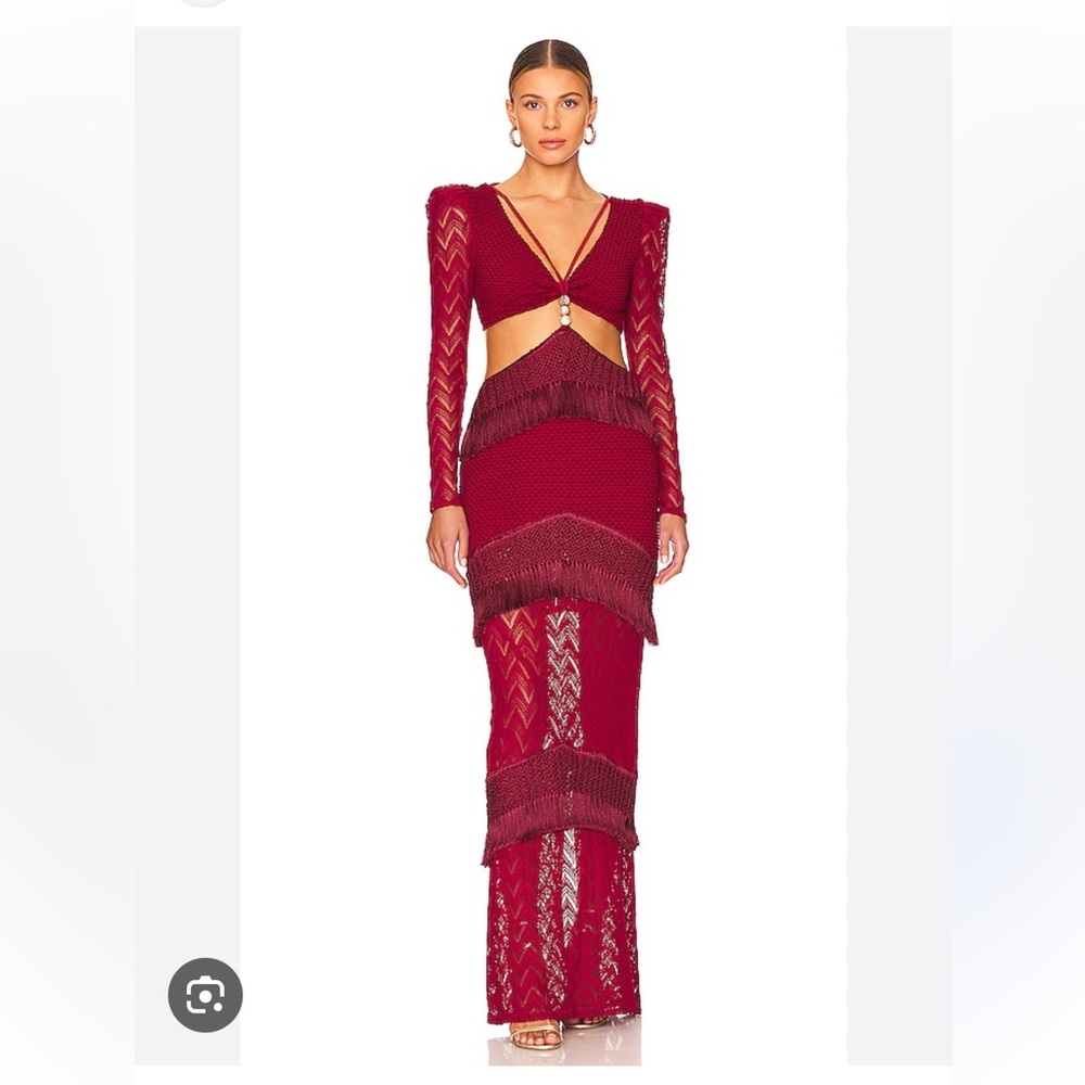 Pat Bo Fringe and Lace Long Sleeve Gown in Burgundy